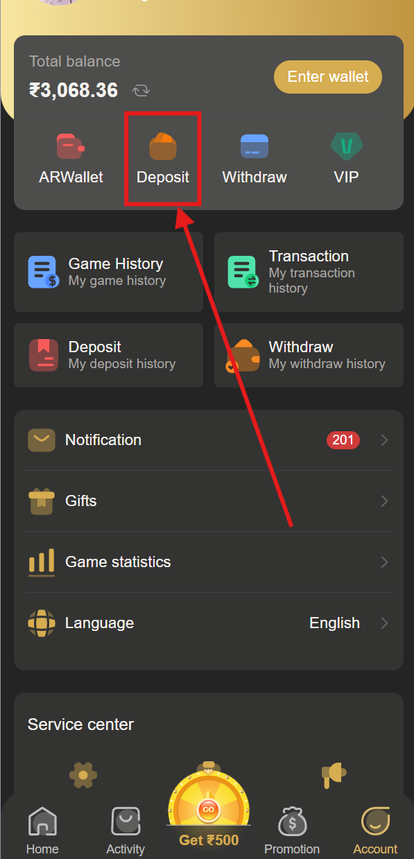 BDG Game deposit button in account