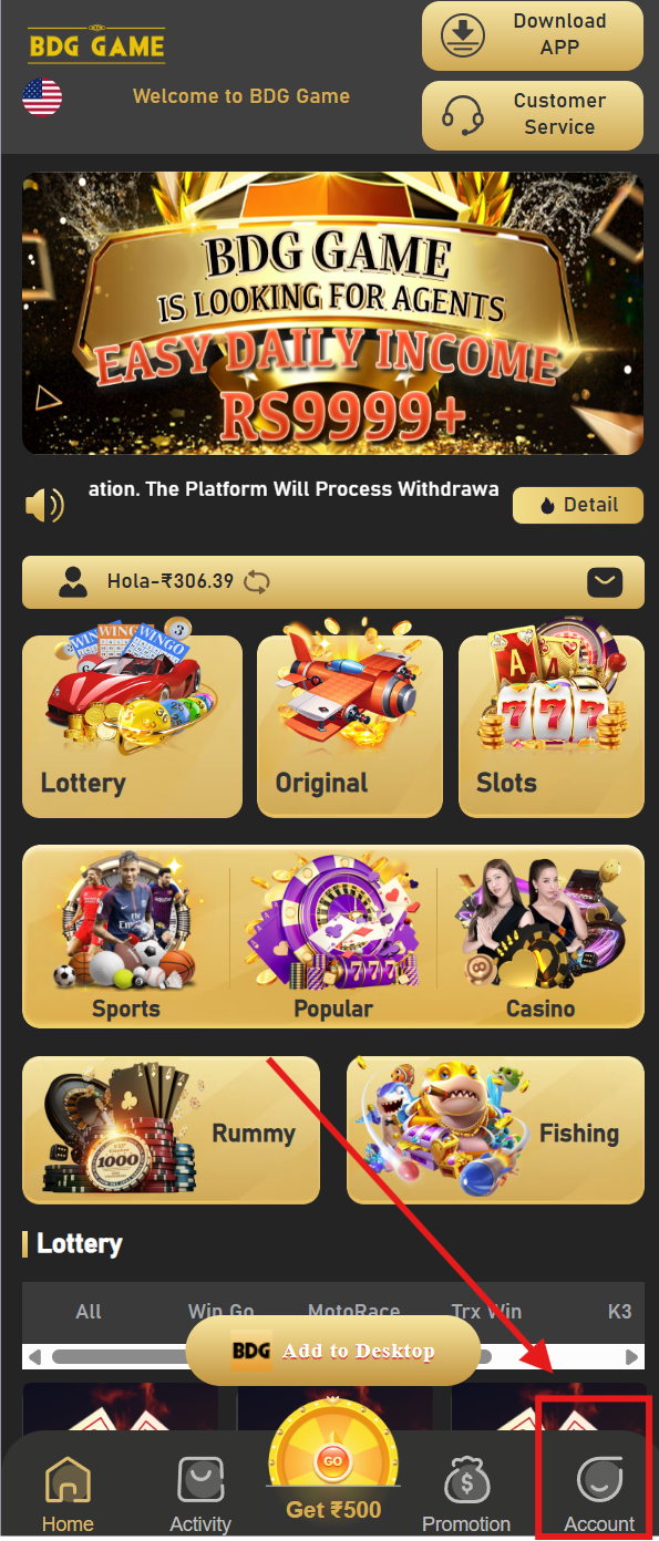 BDG Game home screen showing account option